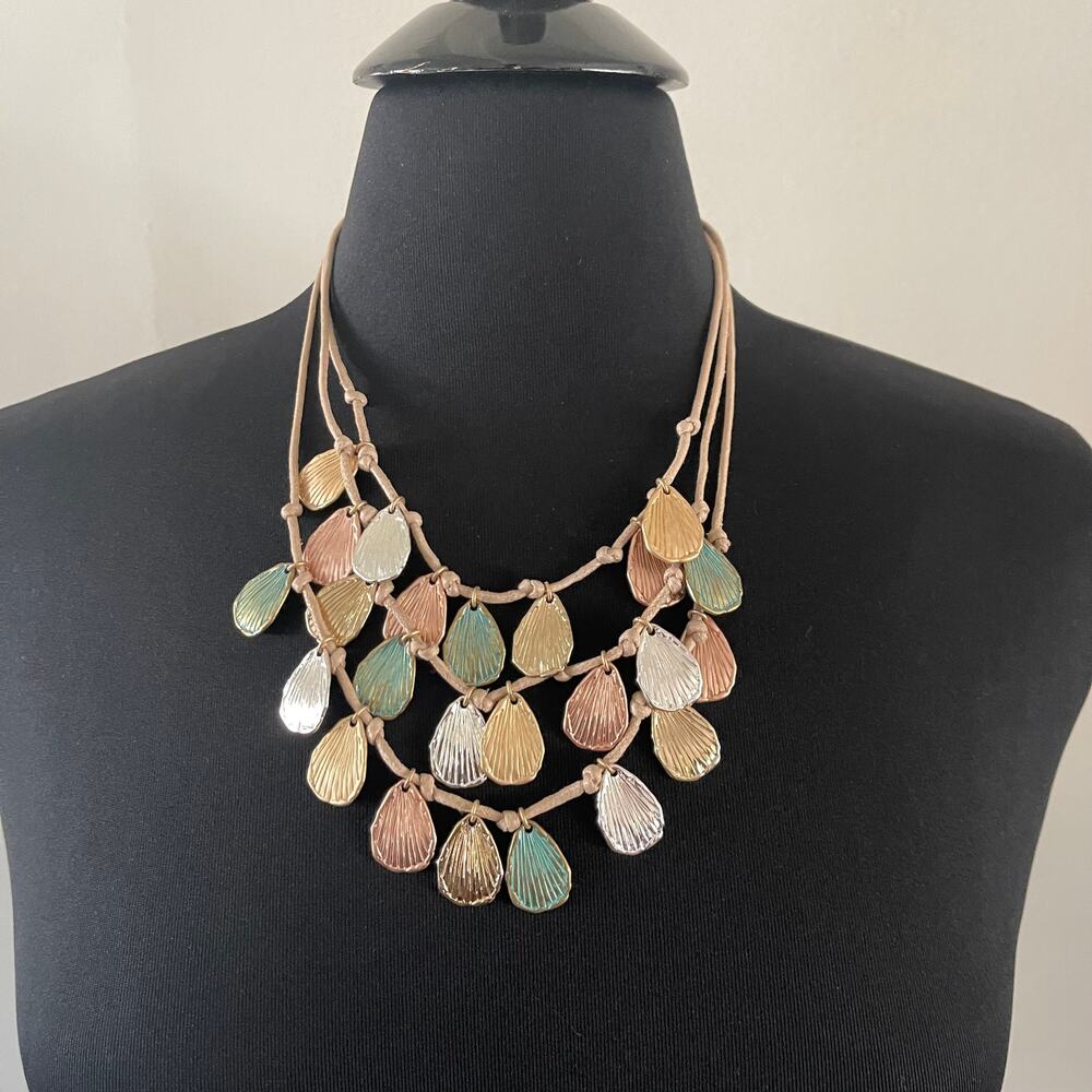 St. Thomas Layered Multi Strand Cord Bib Necklace Tri Tone Metallic Teardrop 17"